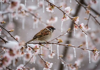 A Sparrow Scattered Across A Snow-laden Cherry Blossom Tree
