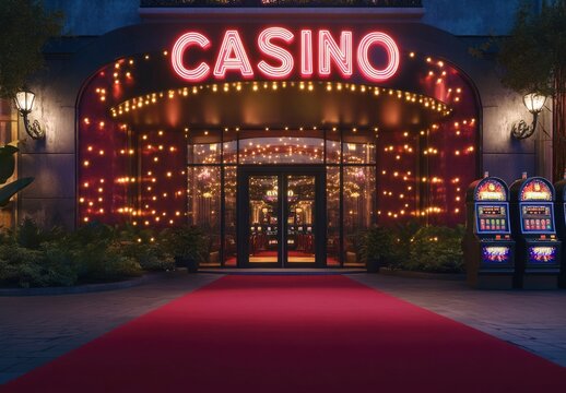 Casino Entrance at Night with Red Carpet