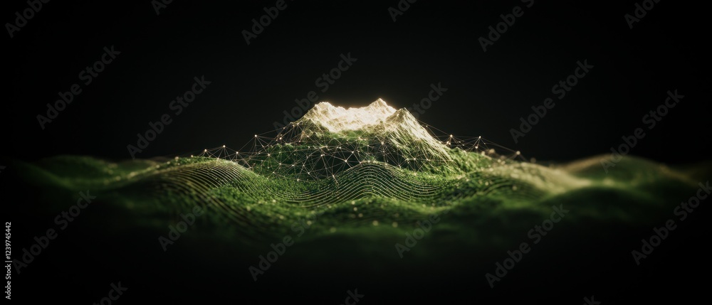 Poster digital landscape connected dots data science 3d wave metaverse