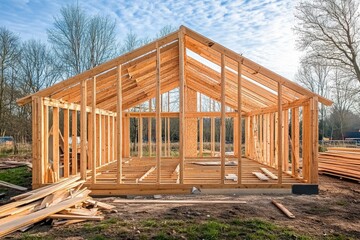 New Home Wooden Frame Structure Under Construction