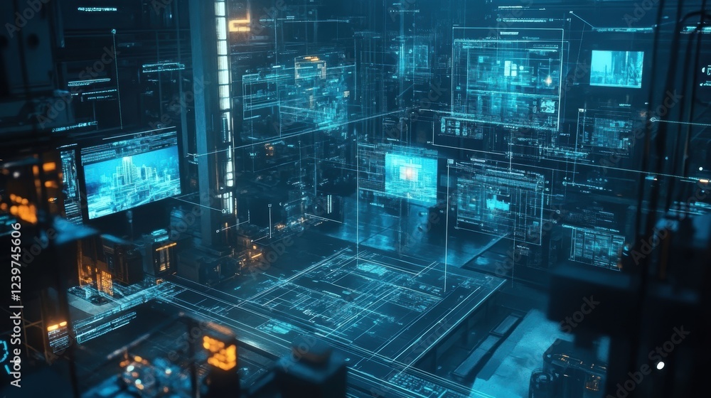 Poster complex network of holographic screens displaying data and schematics in a futuristic control room, 