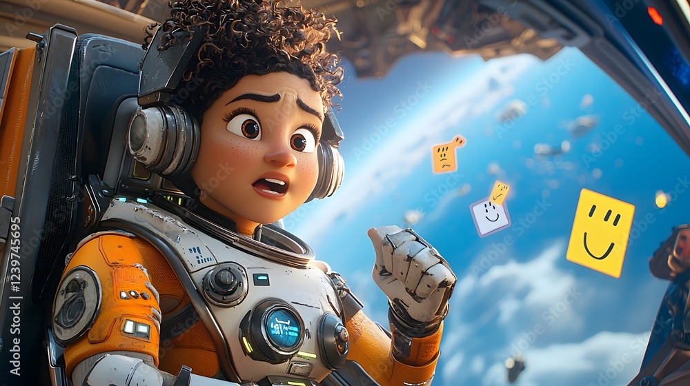 Poster Futuristic animated scene featuring an astronaut interacting with a highly advanced high tech spacecraft control interface showcasing various digital displays instruments and holographic elements