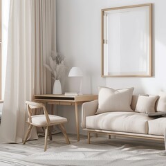 Obraz premium Minimalist living room with a beige sofa. wooden desk. and a large framed picture on the wall