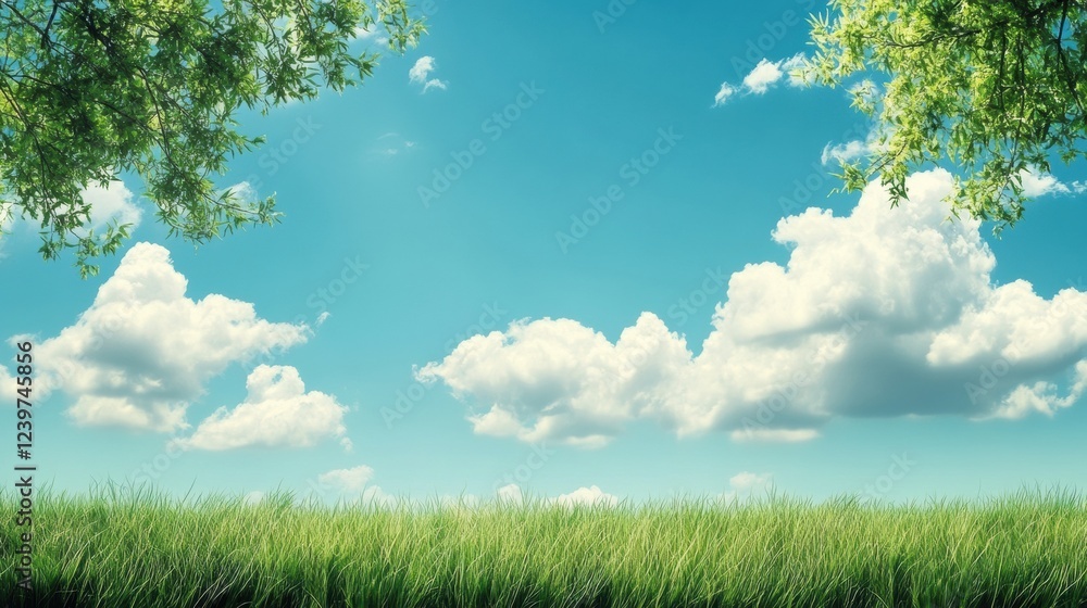 Poster clear blue sky with fluffy clouds above a vibrant green field on a sunny day in the countryside. gen