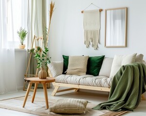 Minimalist living room with a beige sofa. green throw blanket. and a wooden coffee table