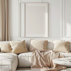 A white sectional sofa with beige throw pillows and a blanket sits in a sunlit living room with a large framed poster