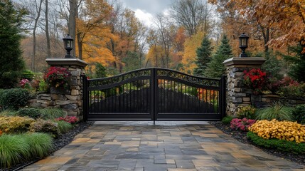 A gate with a black gate and a stone wall
