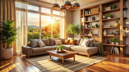 Fototapeta premium Aerial view: sun-drenched living room, featuring a comfy sofa, warm wood shelving, and billowing curtains.