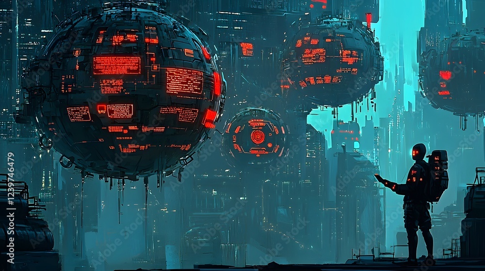 Poster futuristic cityscape with ai powered digital conversations and holographic projections overlaying th