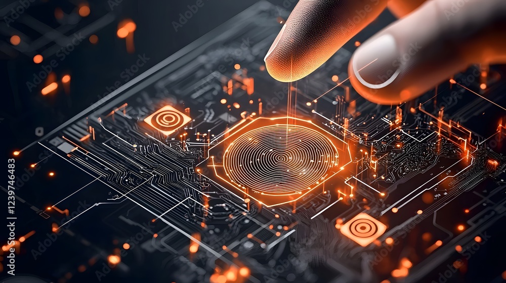 Poster Futuristic dark mode fintech user interface design featuring biometric security icons like fingerprint iris scan and facial recognition for financial data protection and digital identity verification