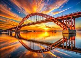 Obraz premium Iconic Orange Bridge Spanning Bay, Golden Hour Sunlight