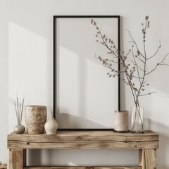 A blank black frame mockup with wooden console table. vase. and branches