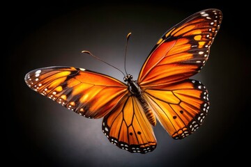 Obraz premium Black wings contrast the stunning orange of a butterfly in flight, a candid dark background photo.