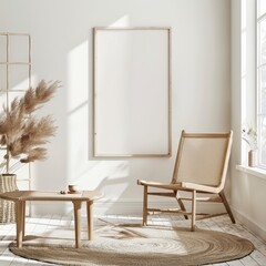 Minimalist living room interior with a wicker chair. a wooden coffee table. a round rug. and a blank poster frame