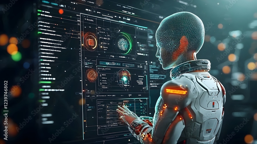 Aufkleber Futuristic digital identity verification process with multiple security layers including biometrics data visualization and a cyberpunk inspired user interface