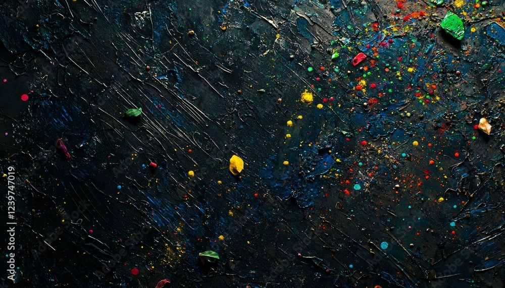 Poster abstract dark canvas with colorful splashes and leaves