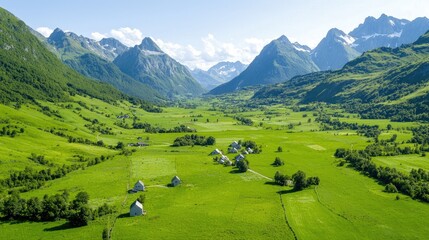 Alpine valley village aerial view, green pastures, mountains