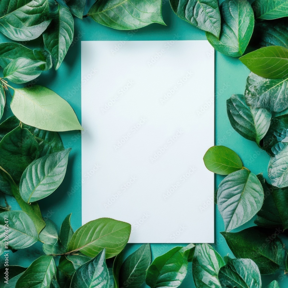 Poster green leaves surround a blank sheet of paper on a teal background for creative design and nature ins