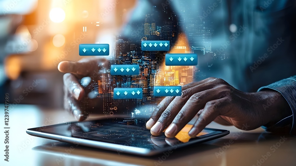 Poster Futuristic digital review bars with different rating levels floating on the screen of a tablet device showcasing modern technology and data analysis concepts