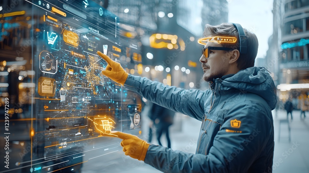 Poster Futuristic digital shopping experience featuring an interactive holographic rating system projected in the air showcasing innovative retail technology and advanced user interface for the modern