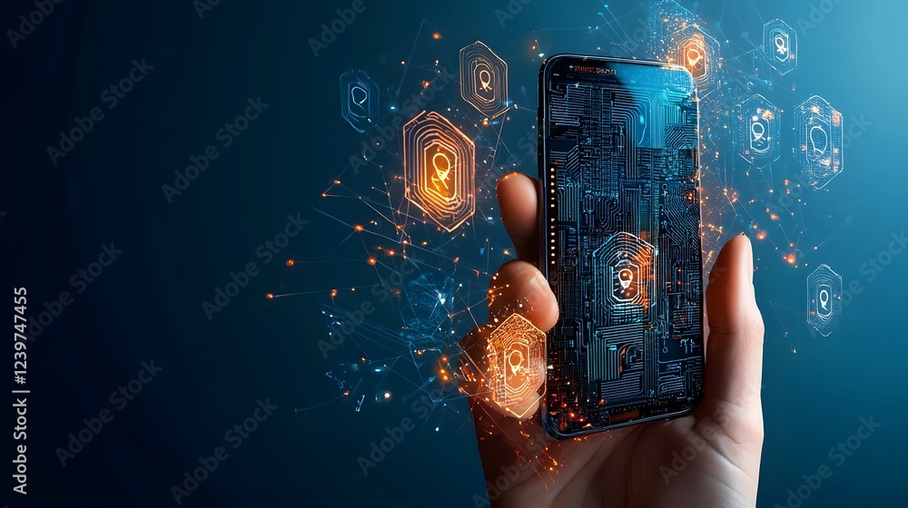 Poster Futuristic fintech user interface showcasing biometric security features like fingerprint scanning icons against a dark glowing and high tech background