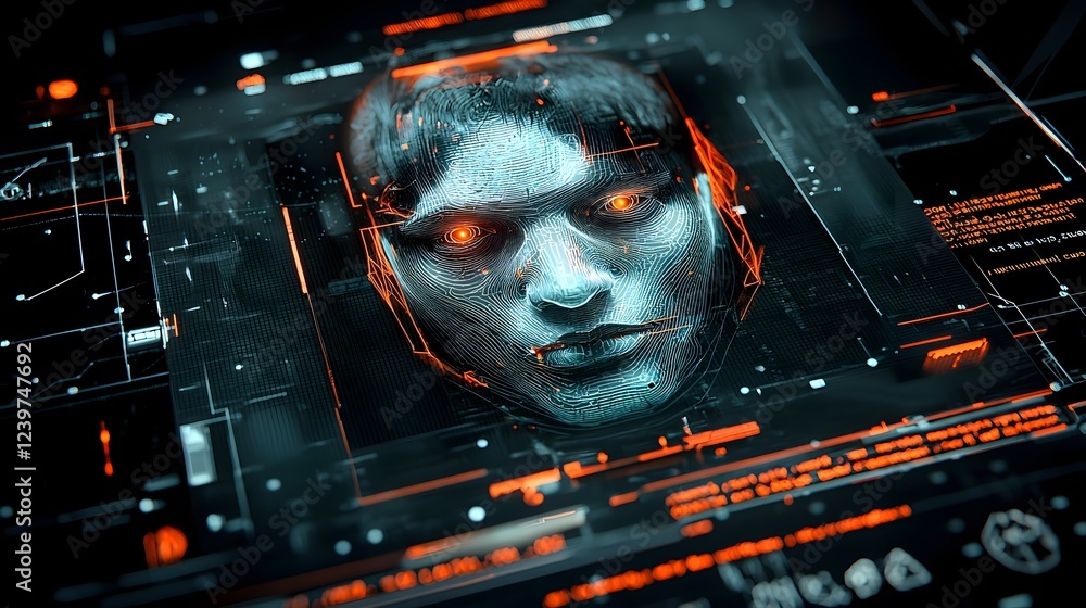 Poster Futuristic holographic identity authentication system with facial recognition and biometric data verification for cybersecurity  identity management  and KYC compliance