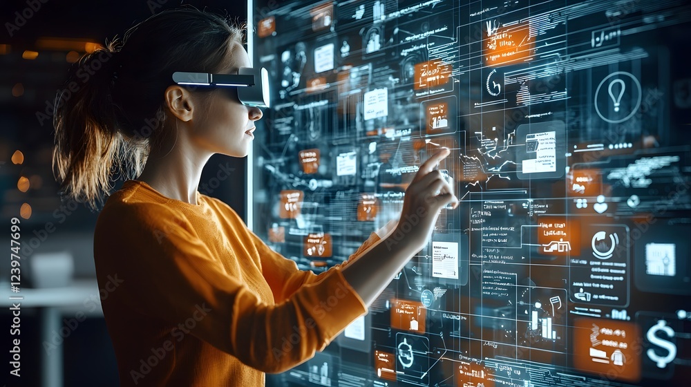 Aufkleber Futuristic holographic mixed reality dashboard interface displaying 3D digital business data analytics and financial reports