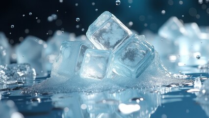 Pile of transparent ice cubes melting on a reflective surface with soft lighting	