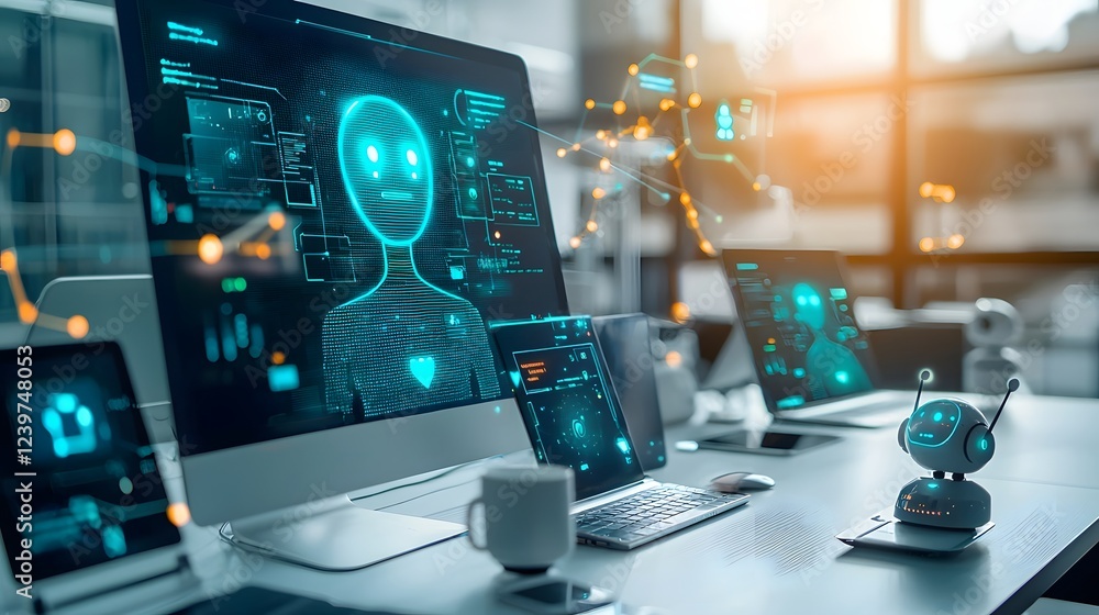 Leinwandbilder Futuristic workspace featuring a glowing intelligence chatbot user interface displayed across multiple digital devices like laptops and monitors on a modern office desk setup