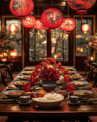 Vibrant Red-Themed Lunar New Year Dining Table with Traditional Chinese Dishes, Hanging Lanterns, and Lucky Red Envelopes at Each Seat for a Warm Festive Gathering