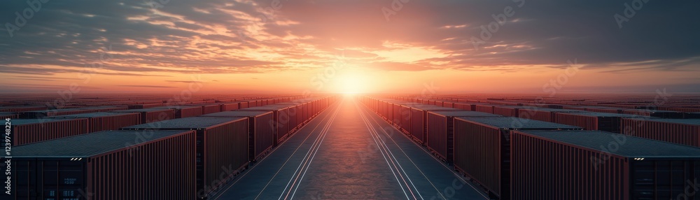 Poster futuristic cargo ship unloading containers at a large container dock during sunset