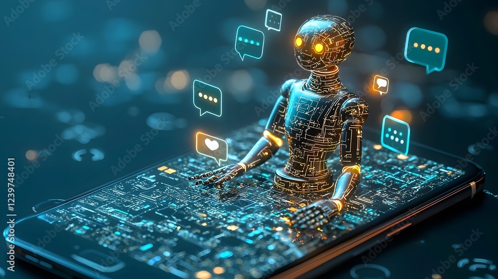 Leinwandbilder glowing chatbot icon with speech bubbles appearing around a modern mobile device representing advanc