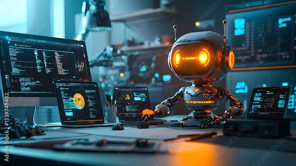 Fototapete Glowing Chatbot Interface on Multiple Devices in a Futuristic Digital Workspace with Programming and Automation Tools