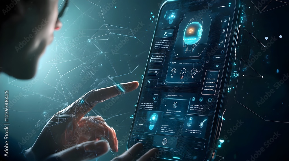 Poster glowing digital chatbot interface with futuristic aesthetic featuring illuminated data visualization