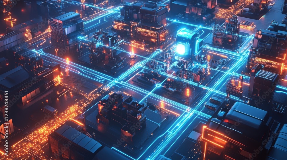 Poster illuminating innovative manufacturing processes, a complex network of interconnected machines and gl