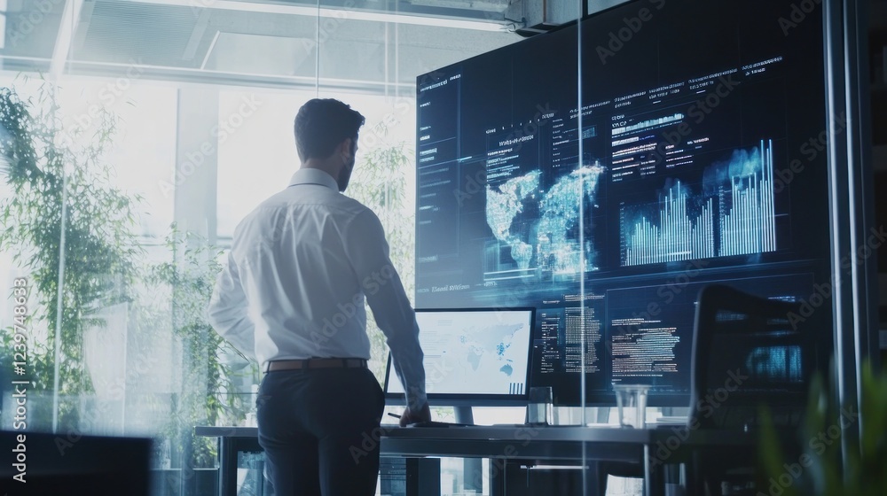 Poster global data analysis: businessman reviewing complex information on large screens