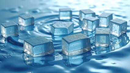Transparent ice cubes floating on rippling water with reflections and light	