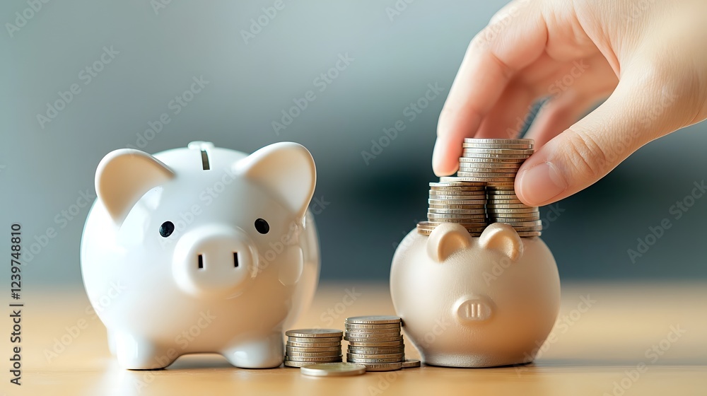 Poster hand stacking coins next to a piggy bank symbolizing the power of saving money and financial plannin