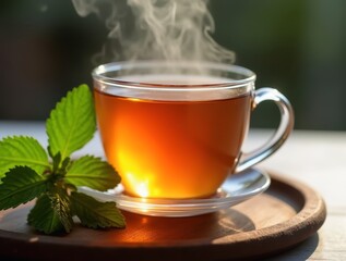 Steaming herbal tea with mint leaves on wooden tray
