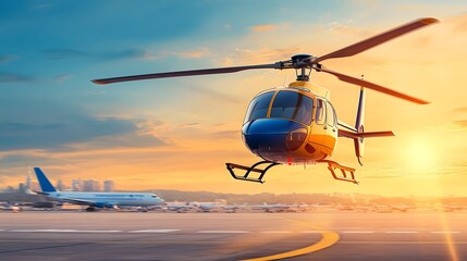 Helicopter landing at an airport to assist in an emergency evacuation as the sun sets over the scenic landscape