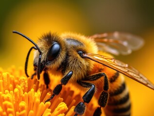 Honeybee collecting pollen on a bright orange flower in extreme close-up
