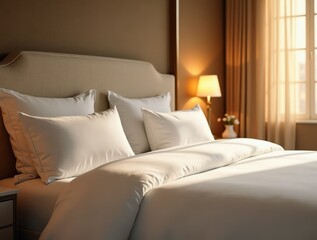 Obraz premium Luxurious Hotel Bed Illuminated by Golden Sunlight Streaming through Window