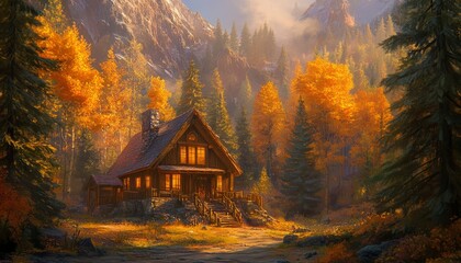 Autumnal Cabin nestled in a mountain forest landscape