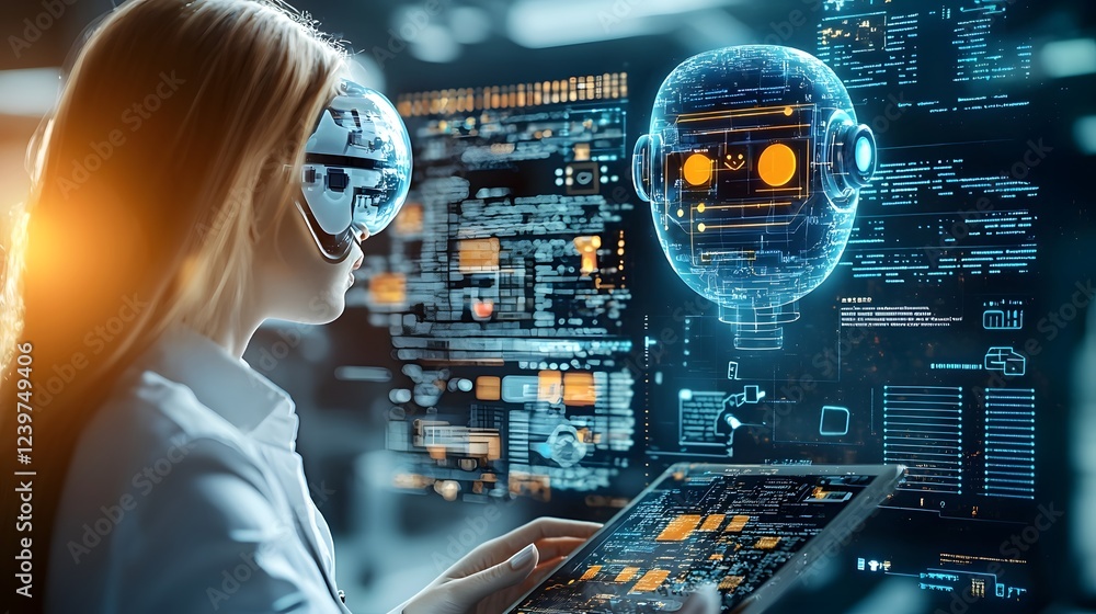 Poster Holographic Chatbot UI Floating Above a Digital Tablet with Futuristic Technology Interface and Luminescent 3D Visualization  Innovative Digital Communication and Interaction Concept for the Future