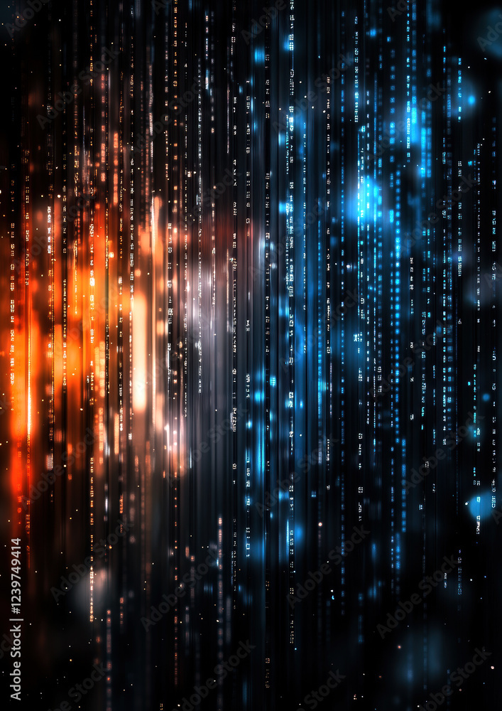 Poster a mesmerizing visual of cascading data streams features luminous digital patterns in vibrant orange 