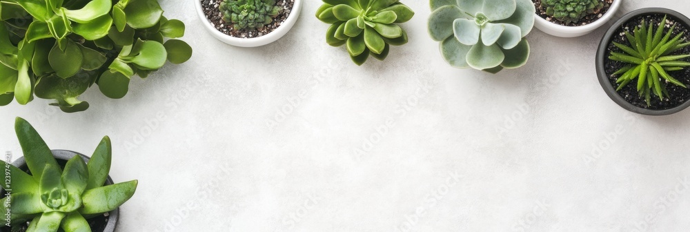 Poster succulent plants arranged neatly on a light surface in a bright, indoor setting. generative ai