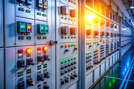 Industrial Control Room: Rows of complex control panels and switchgear fill a modern industrial control room, bathed in the soft glow of indicator lights.