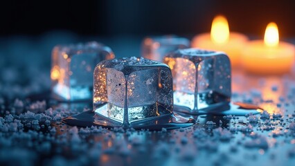 Melting ice cubes on a reflective surface with burning candles in the background	