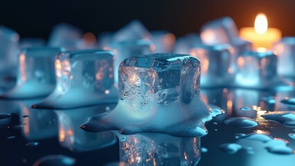 Melting ice cubes on a reflective surface with burning candles in the background	