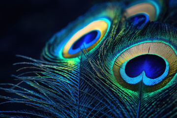 Obraz premium Peacock feathers glowing in deep blue lighting with luminous eye patterns